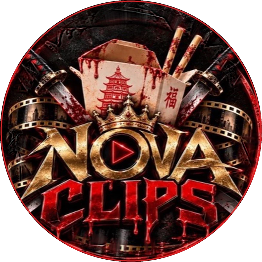 Nova Clips — gold and crimson emblem with katanas, film strips and a crown